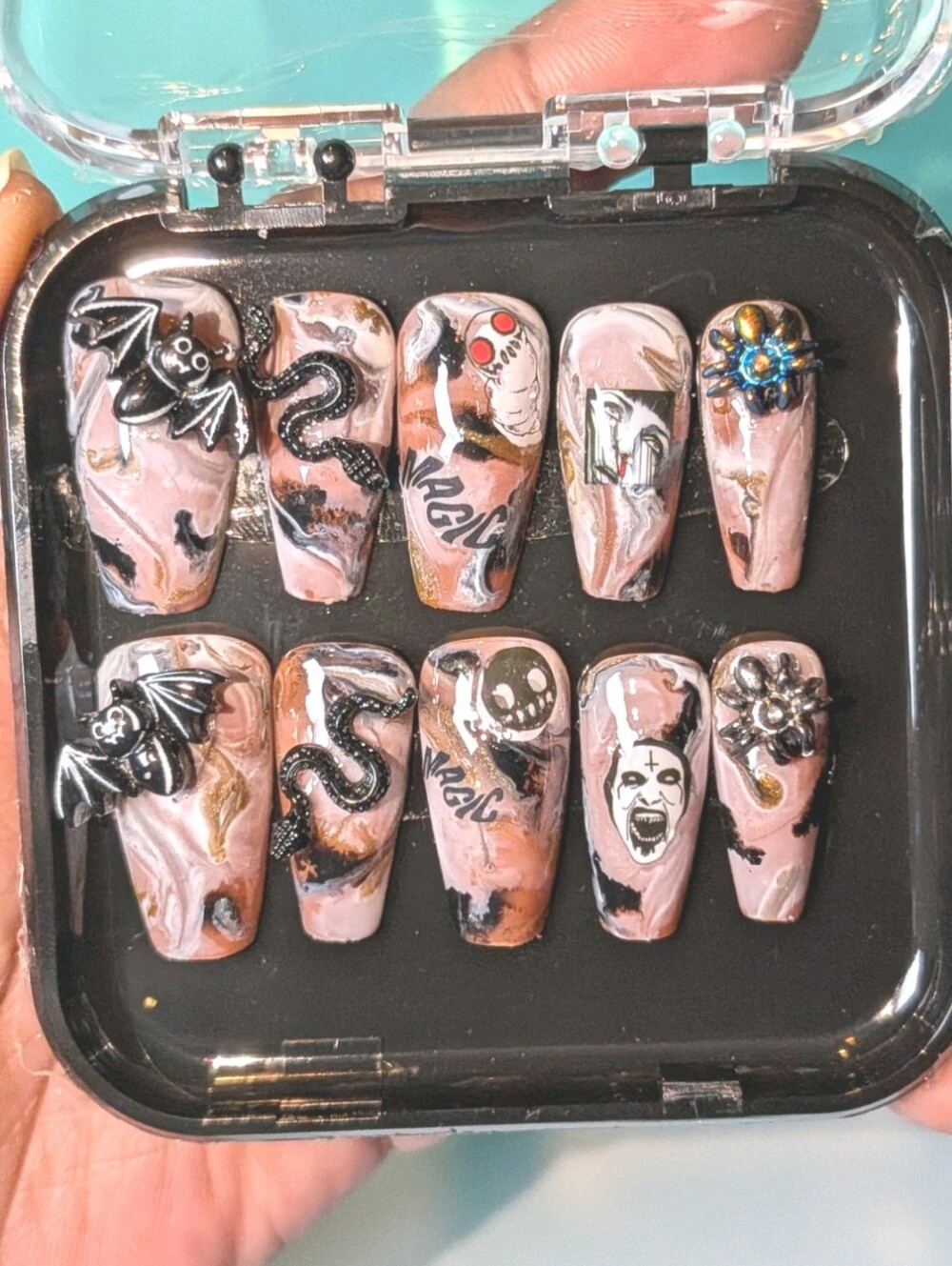 Hand Crafted Marble Gothic Medium Length Press-On Nails with Black Accents Sz L